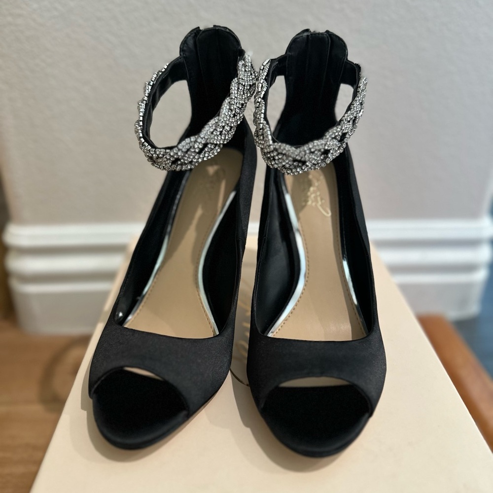 Jewel Badgley Mischka Black Heels with Sparkling Ankle Strap